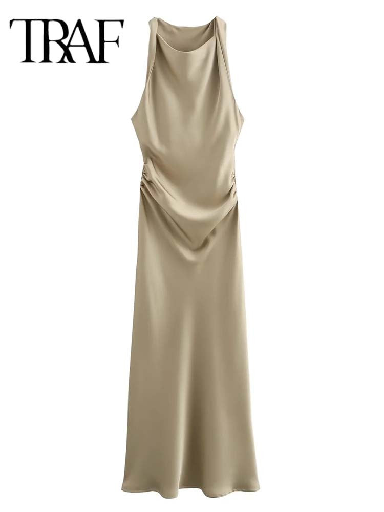 TRAF Satin Long Dresses for Women 2024 Summer Slip Midi Dress Woman Sexy Evening