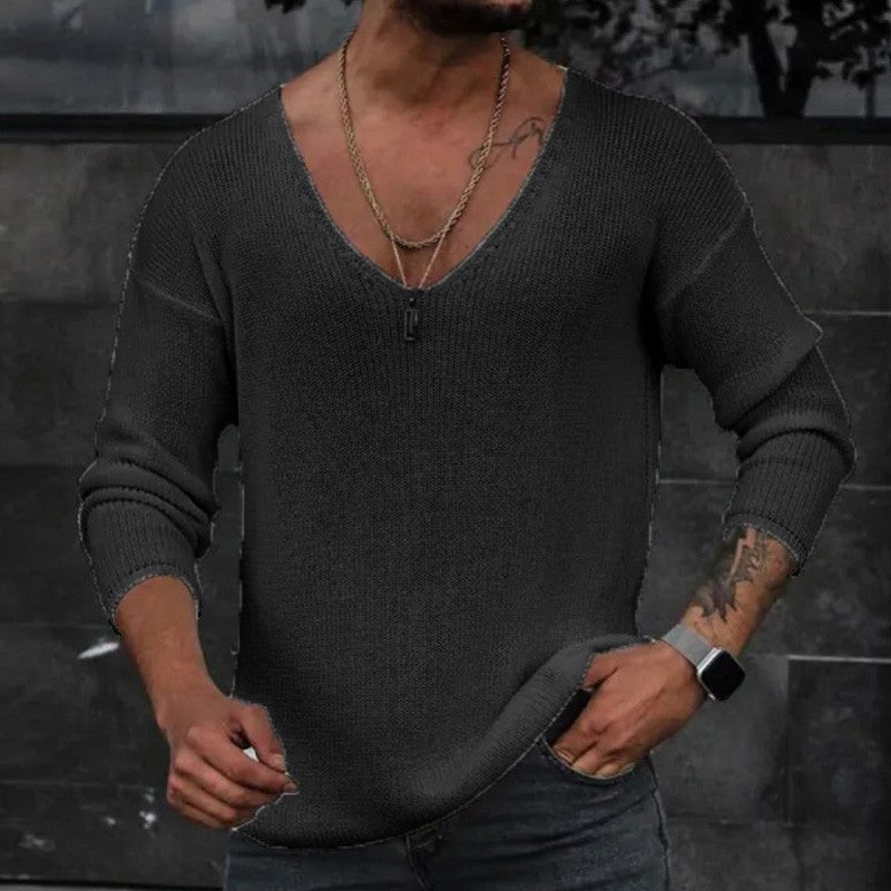 Men 2023 Spring V Neck Rib Bottoming T-shirts Pullover Autumn Long Sleeve Slim Fit Tees Tops Simple Casual Plain Thin Knit Shirt