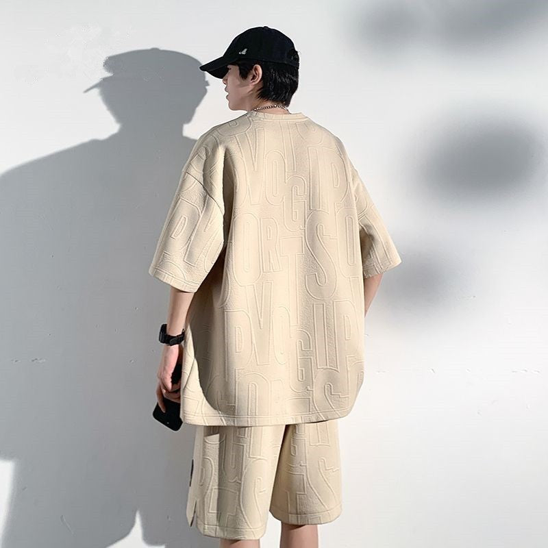 2025 3D Men's new Waffle TZ30 Summer Suit Casual T-shirt + Shorts Suit Men's Tracksuit Solid color tracksuit loose suit