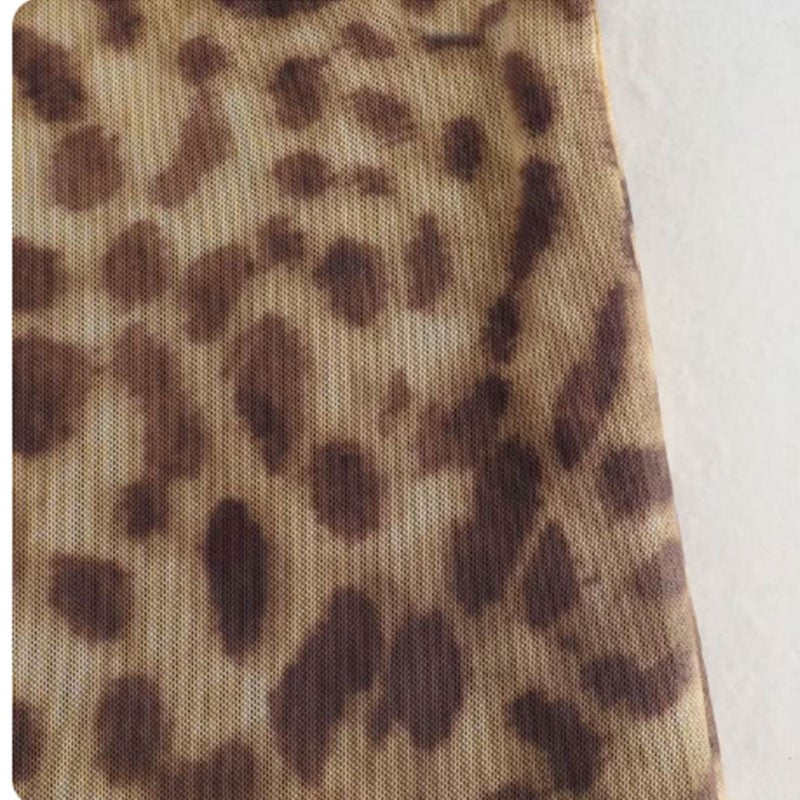Women Leopard Tulle Midi Skirt 2024 Summer Fashion High Waist Elasticated Waistb