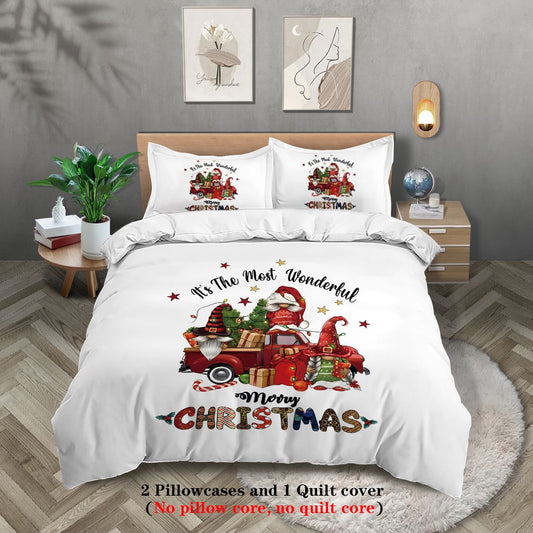 3-Piece Christmas Dwarf Pattern Print Set (1 Down Duvet Cover+2 Pillowcases, Core Free) Soft and Comfortable Bedding Set