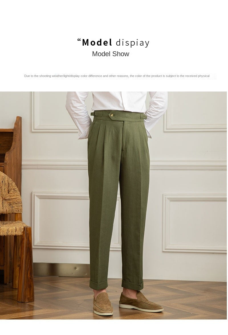 Three Gentleman Summer Naples Casual Straight Pants Men's Commuting Cotton and Linen Comfortable Breathable High Waist Pants