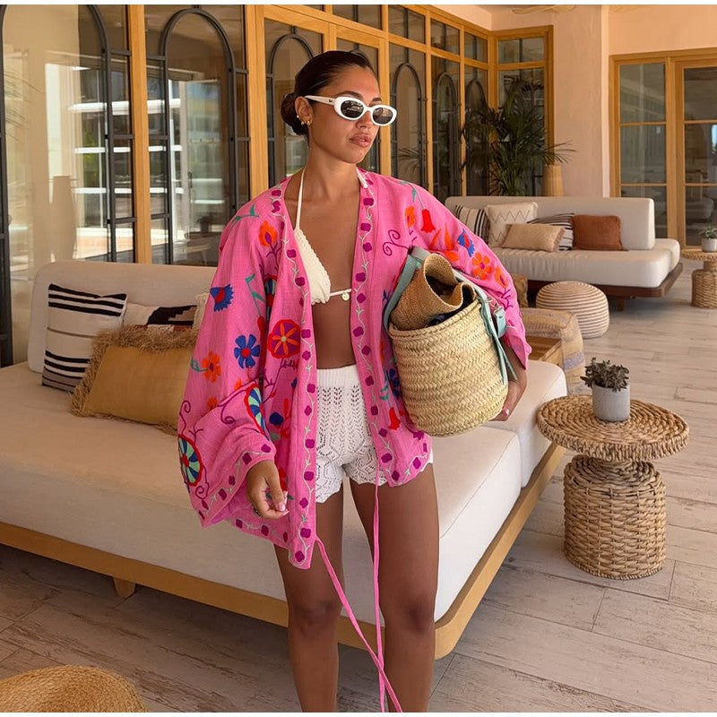 Pink Embroidery Cotton Linen Short Coat Woman Casual Lace Up Long Sleeves V Neck Jacket New Autumn Lady Street Printed Outerwear