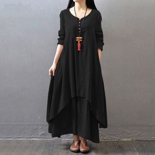 Women Elegant Linen White Dresses Bohemia Layering Vintage Robe Long Sleeve Loose Long Dress Female Autumn Long Maxi Dress