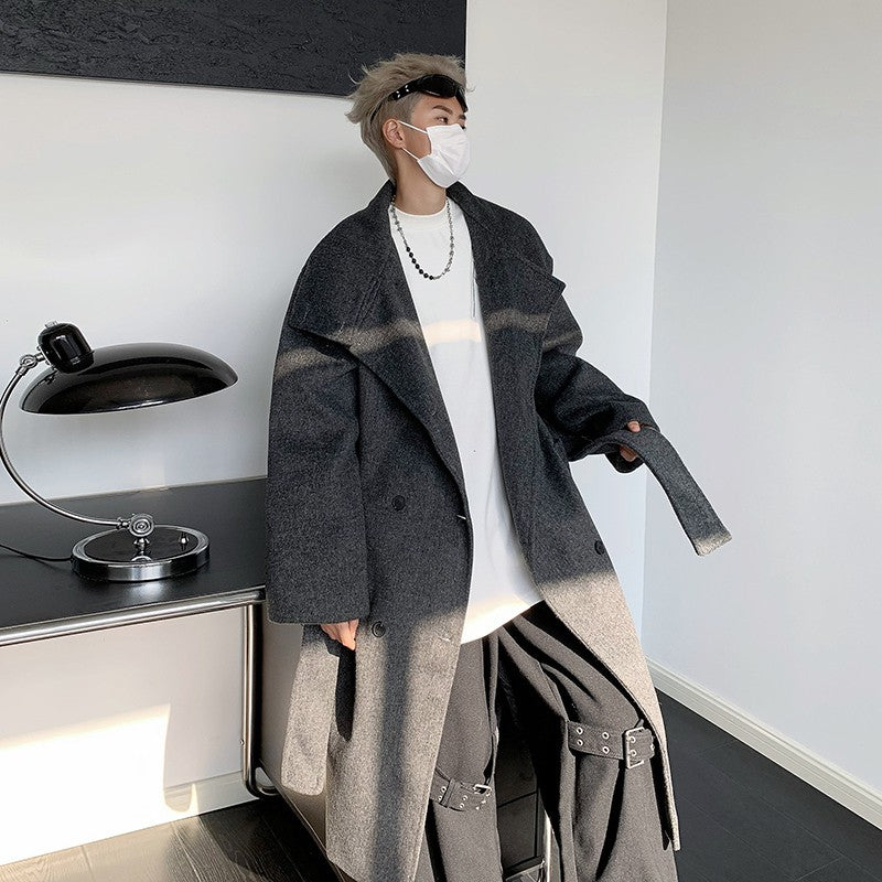 Men's Double-Breasted Wool Blend Overcoat with Belt Loose Fit Solid Color Stand Collar Mid-Length Trench Coat for Autumn Winter