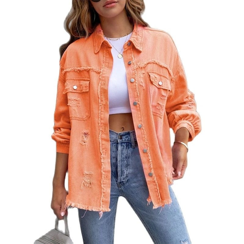 2025 Holes Raw-edges Denim Jacket Women Spring Autumn Shirt Style Jeancoat Casual Top Rose-Red Orange Purple Outerwear Lady Coat