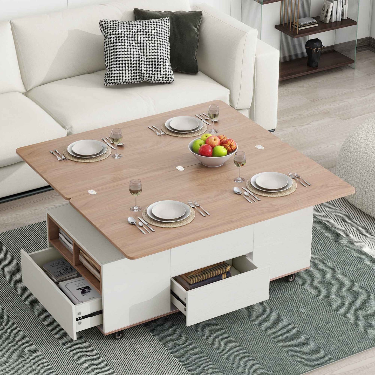 Modern Walnut & White Lift-Top Coffee Table, Multi-Functional with Drawers & Shelves