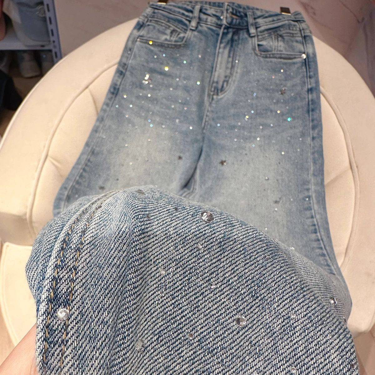 2024 Spring New Narrow Straight Jeans Women's Slimming Fashionable All-Match Rhinestone women jeans pants