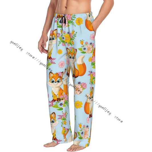 Men's Sleepwear Loose Sleep Pants Pajamas Cute Fox Background Long Lounge Bottoms Casual Homewear