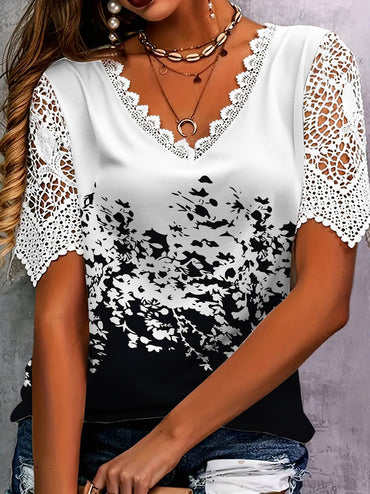 New Boho Flower Blouses Womens Fashion Shirt V-Neck Short Sleeve Flower Print Shirt Tops Casual Loose Ladies Floral Lace