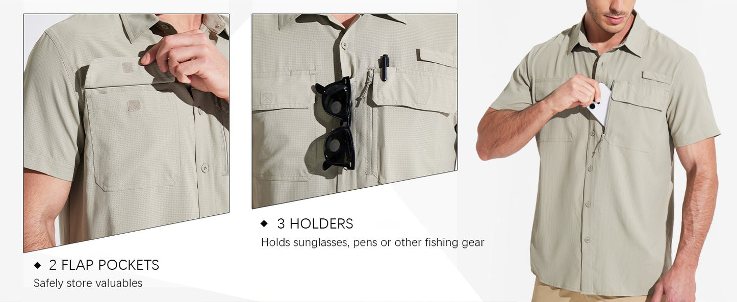 MAGCOMSEN Mesh Breathable Shirt Men's Quick Dry Button Short Sleeves UPF 50+ Sun Protection Hiking Fishing Work Cargo Shirts