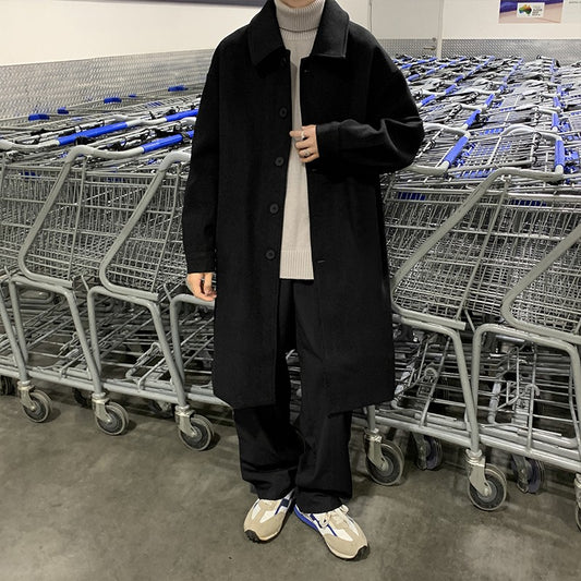 Blends Masculino X-long Outono Inverno Estilo Coreano Casacos Soltos da Moda Sólido Bonito Versátil Colegial Harajuku Roupas Meio da panturrilha