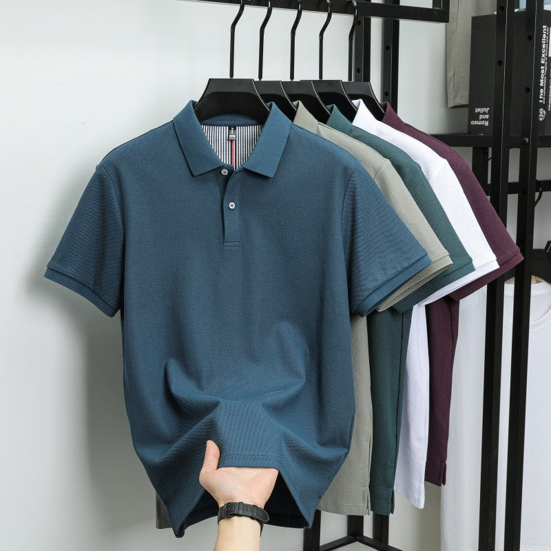100% pure cotton short sleeved men's polo shirt summer boutique fashion high-quality top solid color collar back striped T-shirt