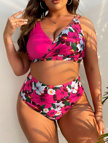 2025 Patchwork 2 Piece Plus Size Bikini Set Women Large Big Swimsuit High Waist Lady Swimwear Beach Chubby Curvy Bathing Suit