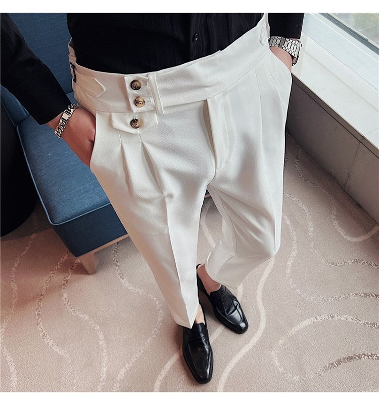 British Style Spring New Solid Business Casual Suit Pants High Waist Button Men Formal Pants High Quality Slim Office Trousers
