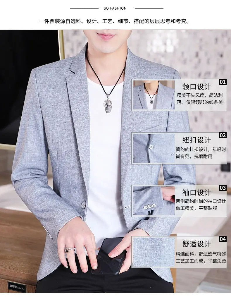 Men Blazer Slim Fit Fashion Business Handsome Gentleman Korean Version of British Style Leisure Slim Solid Color Wedding Work