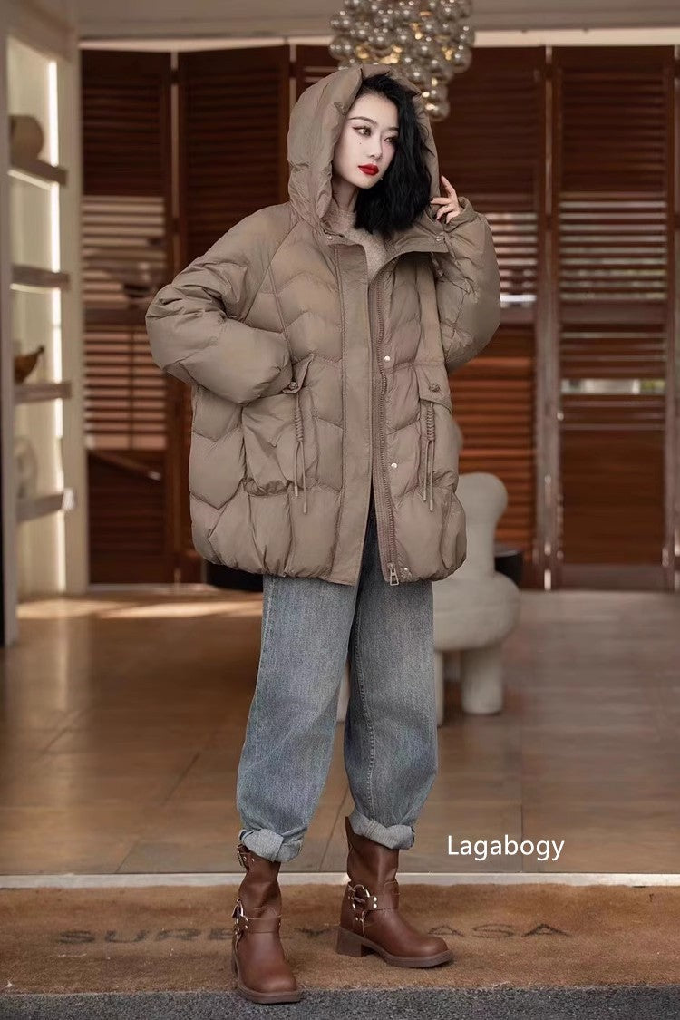 Lagabogy 2025 Women Autumn Winter Vintage Style Loose Casual Mid-Long Hooded Warm Puffer Coat Female 90% White Duck Down Jacket