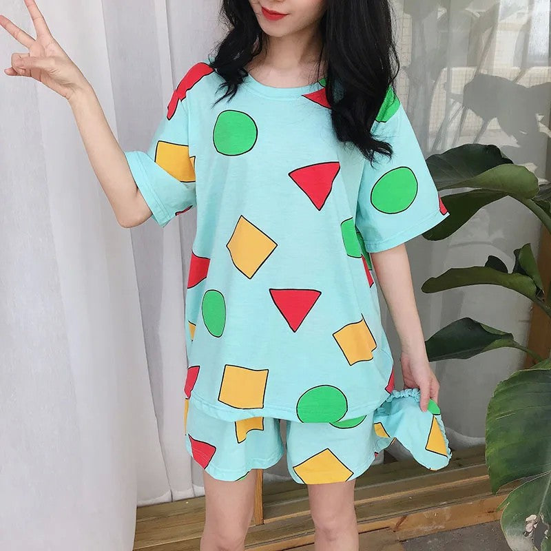 Japanese pajamas women's short-sleeved crayons Xiaoxin round neck with Korean loungewear trousers two-piece set