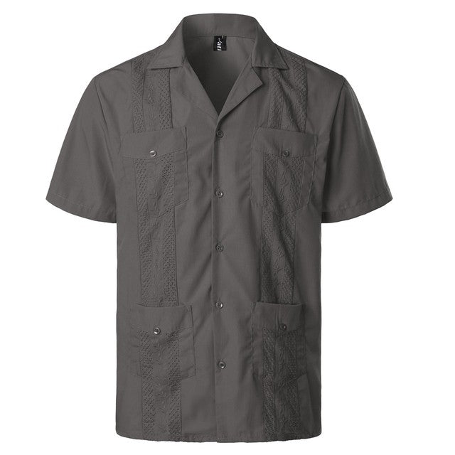 Men's Traditional Cuban Camp Collar Guayabera Shirts Short Sleeve Embroidered Mexican Caribbean Style Beach Shirts with 4 Pocket