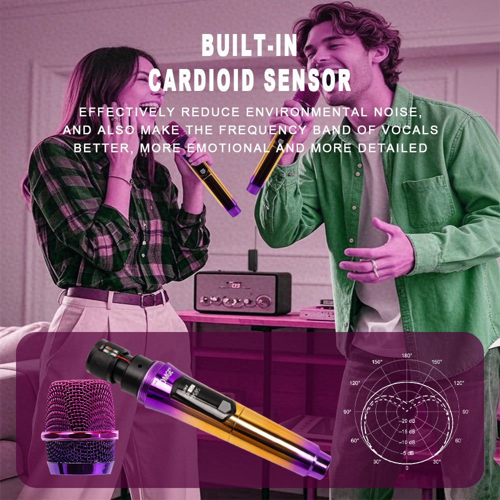 Sistema de Microfone Sem Fio para Karaokê e DJ, Profissional, 2 Canais, com Microfone Roxo Colorido e Receptor Sem Fio Recarregável para Festas e DJs