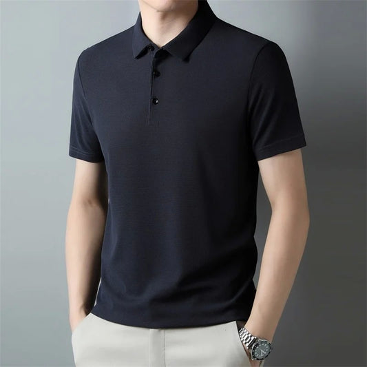 Men's Fashion Waffle Solid Short Sleeved Polo Shirt Summer Breathable Comfortable Top