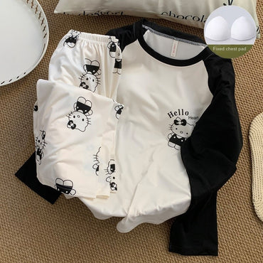 Cartoon HelloKitty Print 2PCS Set Women's Sleepwear with Chest Pad Plus Size Pyjamas Loungewear Crew Neck Loose Pajamas Homewear