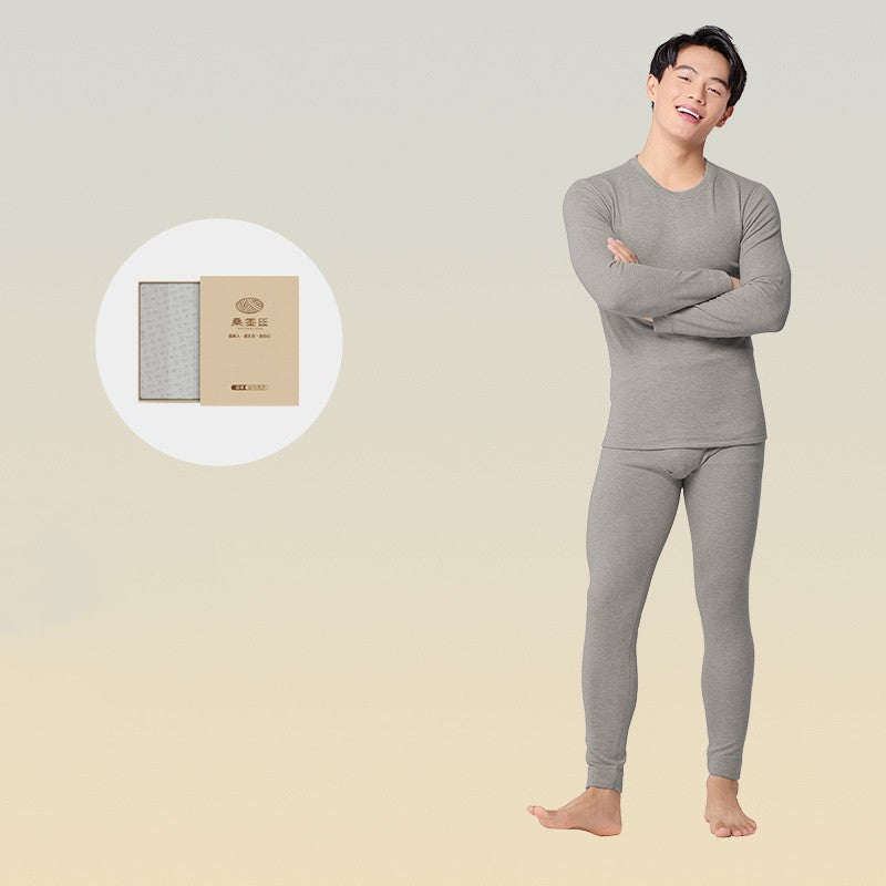 6760 Autumn Winter Keep Warm Slim Underwear Tops Pants For Men Good Quality Mulberry Silk Fleece Thicken Simple Male Sets Gift