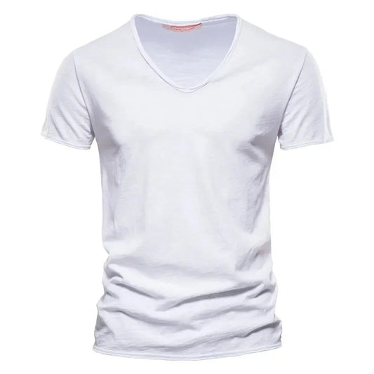 2024 hot summer men's new solid color V-neck pure cotton short sleeved T-shirt hot selling men's T-shirt top