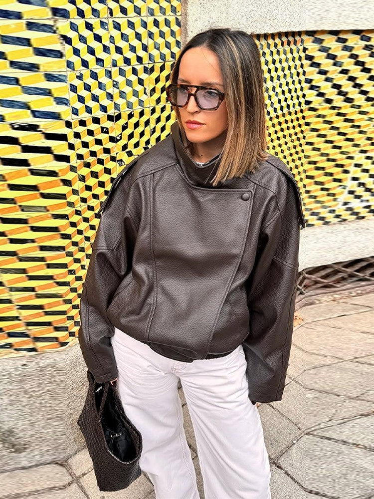 Faux Leather Stand Collar Bomber Jacket Women Locomotive Epaulet Slant Opening Ruched Coats Fashion Autumn Winter Lady Outerwear