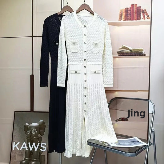 Hollow out Long Knitted Summer Dress round Neck Seven Sleeve Bodycon Skirt Slimming Effect Empire Waist Maxi Dress