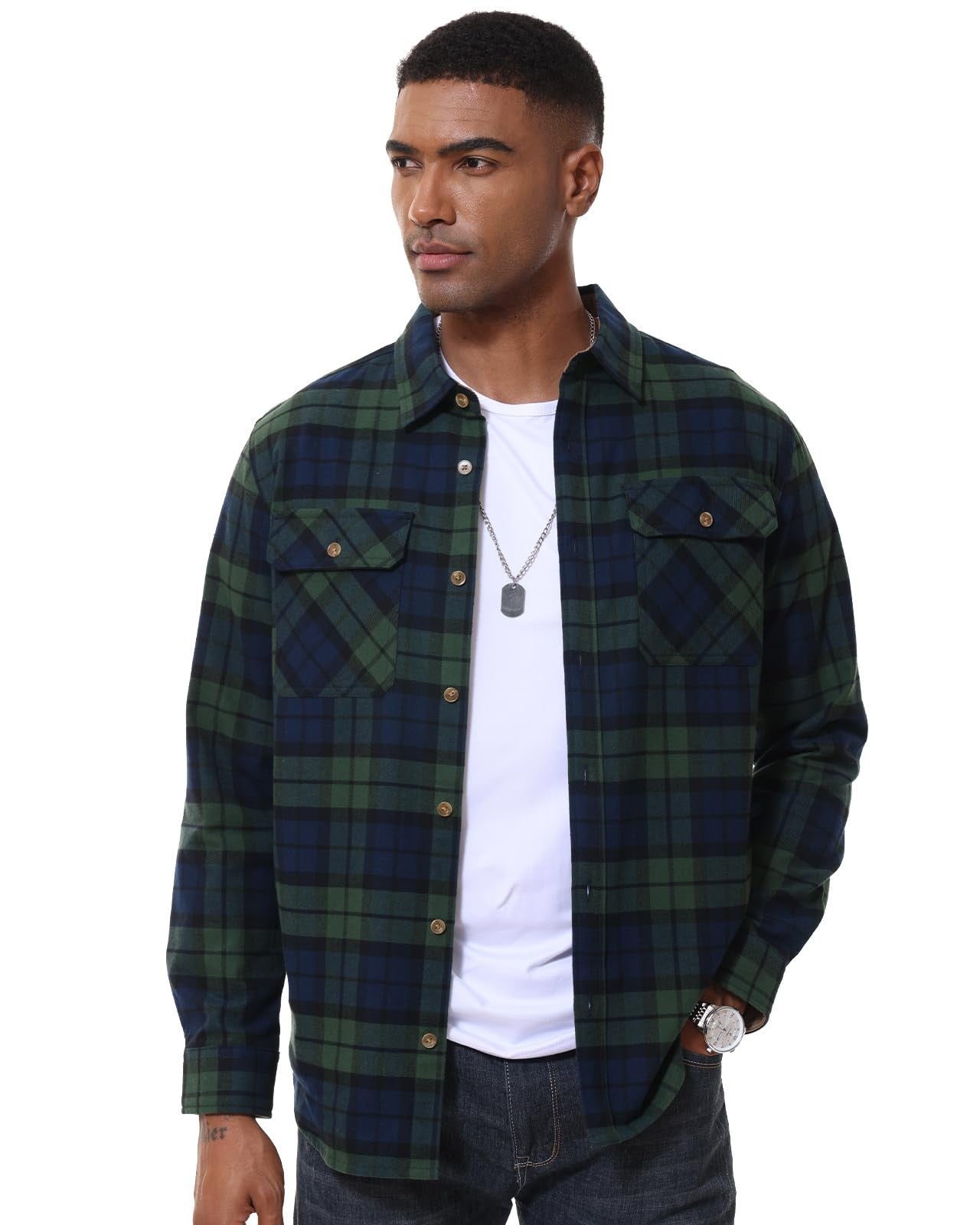 MAGCOMSEN Flannel Shirts Men's Long Sleeves Cotton Long Sleeve Plaid Shirt with 2 Pockets Button Down Casual Corduroy Shirt Male