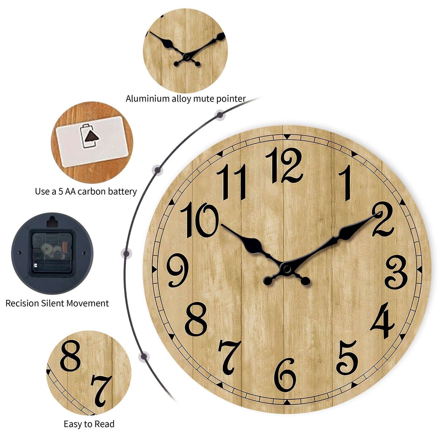Modern silent quartz wooden wall clock - imitation wood color wood texture design simple wall clock, suitable for living room, b