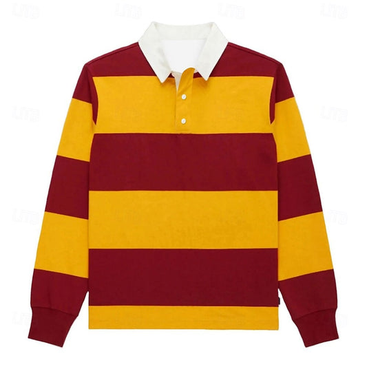 Fashion Stripe Block Color Polo Shirt 3D Printed Creative Multicolored Long Sleeve Pullover Autumn Outdoor Sports Casual Clothes