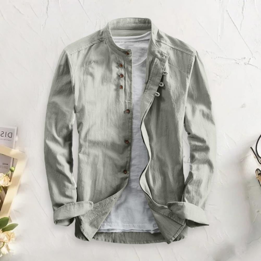 Japan Style Men Cotton Linen Shirt Long Sleeve Slim Fit Single-breasted Cardigan Shirt Harajuku Stand Collar Men Casual Shirts