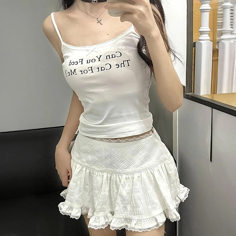 Balletcore Ruffled Mini Skirt with Lace Trim Low Rise Tiered White Skirt Summer
