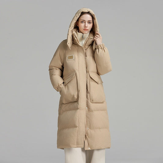 CLARKE QUEEN Long Down Jacket for Women Winter Duck Down Coat Hooded Over-the-Knee Casual Thickened Fitted Padded Puffer Coat