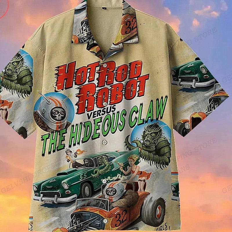 Men's Hawaiian Shirt Car Graphic Print Shirts Men Fashion Casual Beach Blouse Vocation Lapel Motorcycle Camisa