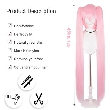 High-Quality Miku Anime Cosplay Synthetic Hair 46-Inch Detachable Double Ponytail Halloween Carnival Daily Party Wig Nature