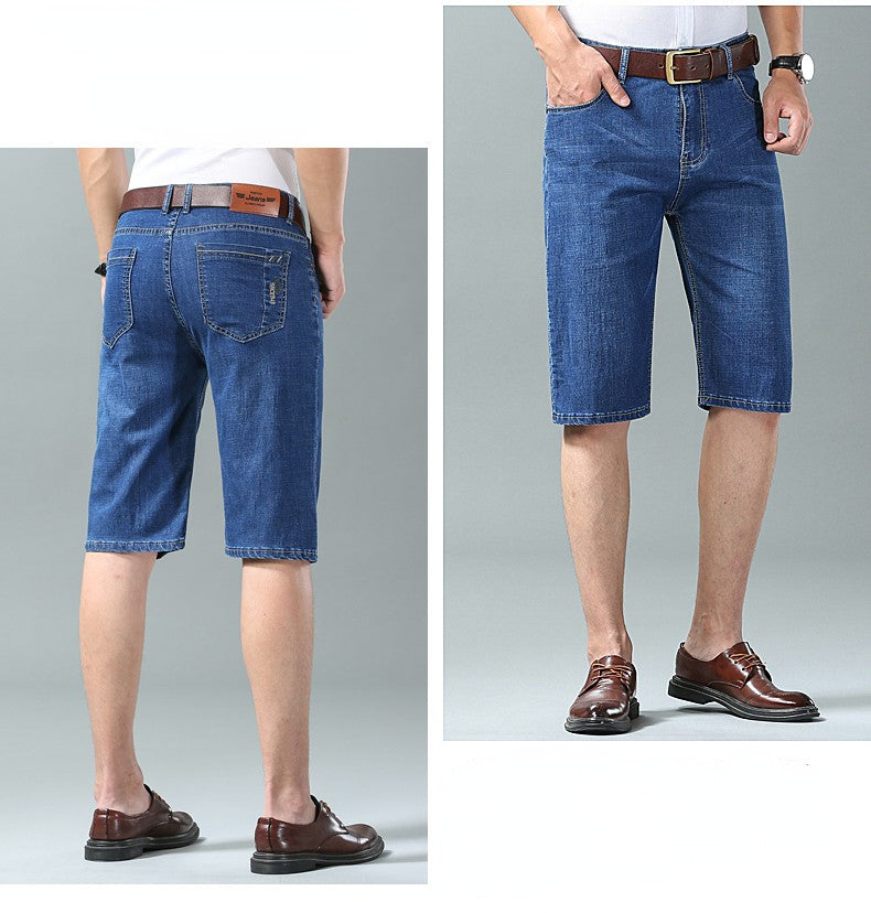 Summer Men Denim Shorts New Style Thin Embroidery Business Casual Straight  Short Jeans Male Brand Clothing Black Blue