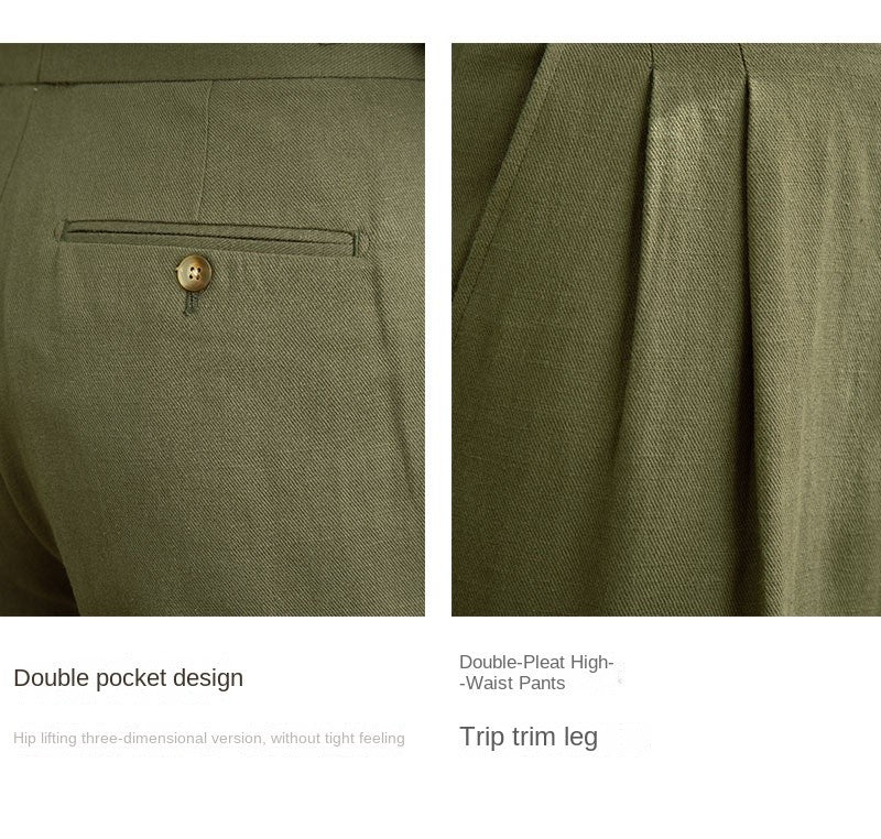 Three Gentleman Summer Naples Casual Straight Pants Men's Commuting Cotton and Linen Comfortable Breathable High Waist Pants