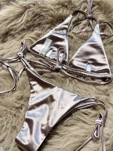 Wrap Around Halter Metallic Satin Bikini Women Swimwear Female Swimsuit Two-pieces Bikini Set Brazilian Bathing Suit Swim Lady