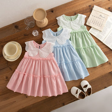Baby Girl Clothes Summer Cotton Solid Color Lapel Sleeveless Baby Girl Dresses Cute Girls Beach Dresses