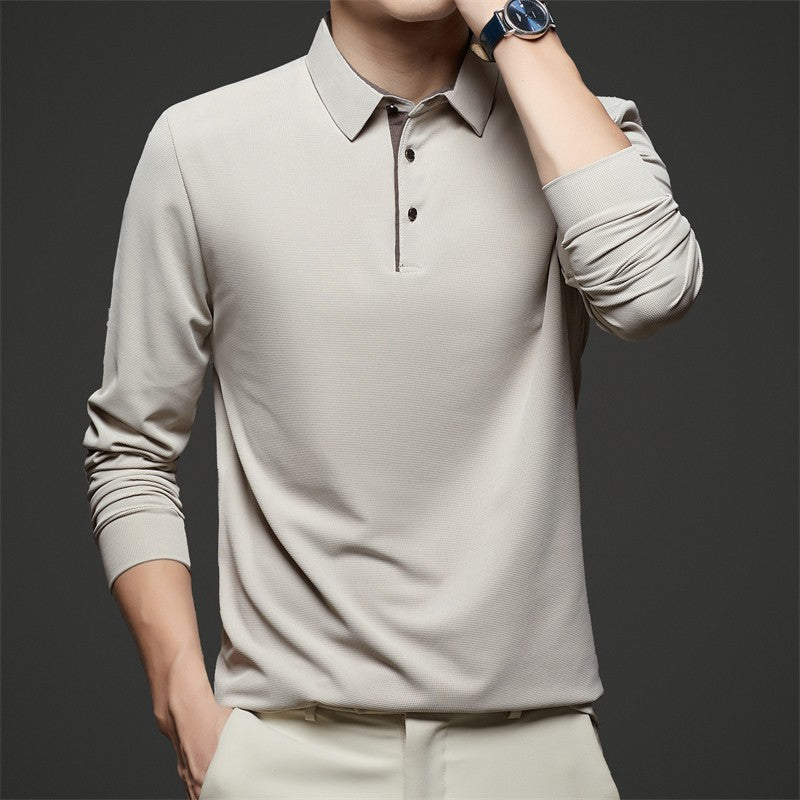 New Men's Business Casual Long Sleeve Solid Color Polo Shirt Fashionable Warm Comfortable Four Seasons Versatile Top