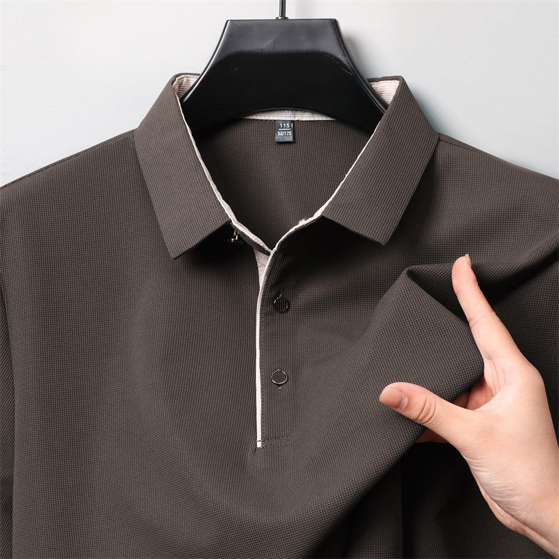 New Men's Business Casual Long Sleeve Solid Color Polo Shirt Fashionable Warm Comfortable Four Seasons Versatile Top