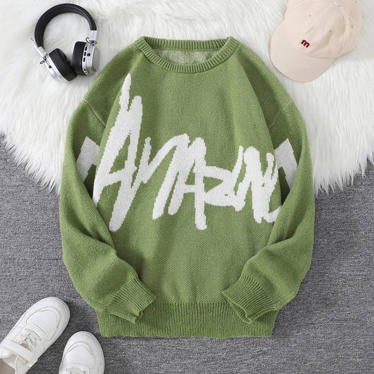 New Popular Spring Autumn Graffiti Jacquard Pattern Pullover Sweater Casual Round Neck Contrast Color Knitted Men's Pullover