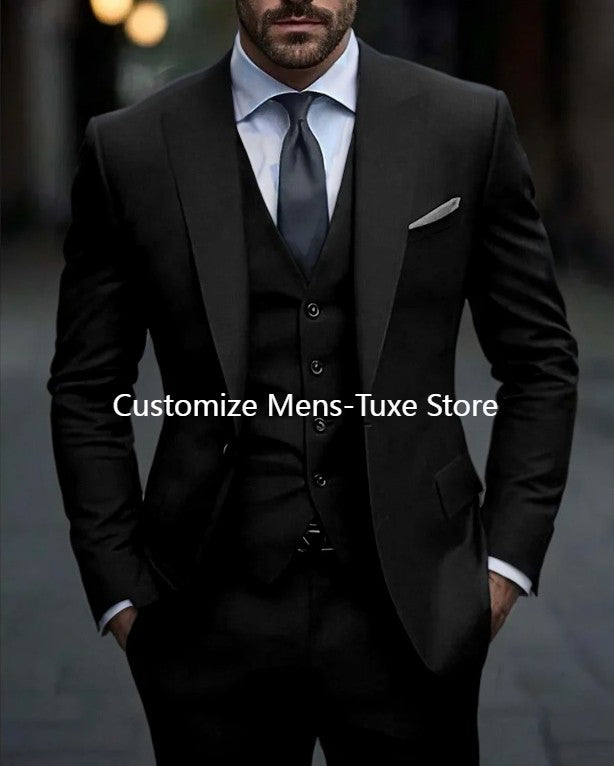 Dark Grey High Quality Men Suits Slim Fit Single Breasted Peak Lapel Elegant Groom 3 Piece Jacket Pants Vest Male Sets