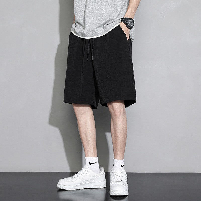 Summer Loose-fit Men's Sports Mid-waist Shorts Lightweight Black Ice Silk Five-poin