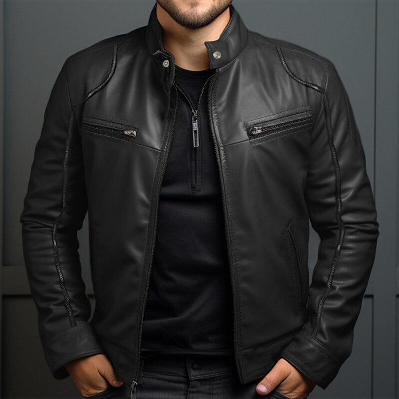 New Men's Business Leather Jacket for Autumn and Winter, Fashionable Stand Up Collar Casual Leather Jacket for Men