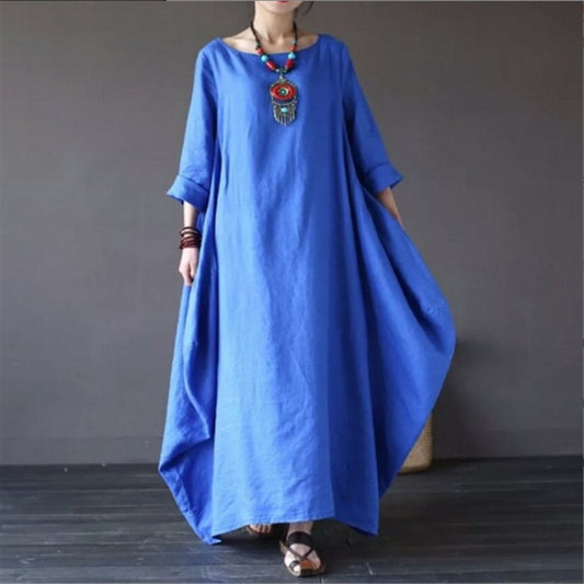 2022 Spring New Loose Size Round Neck Mid-Sleeve Large Swing Cotton And Linen Long Dress