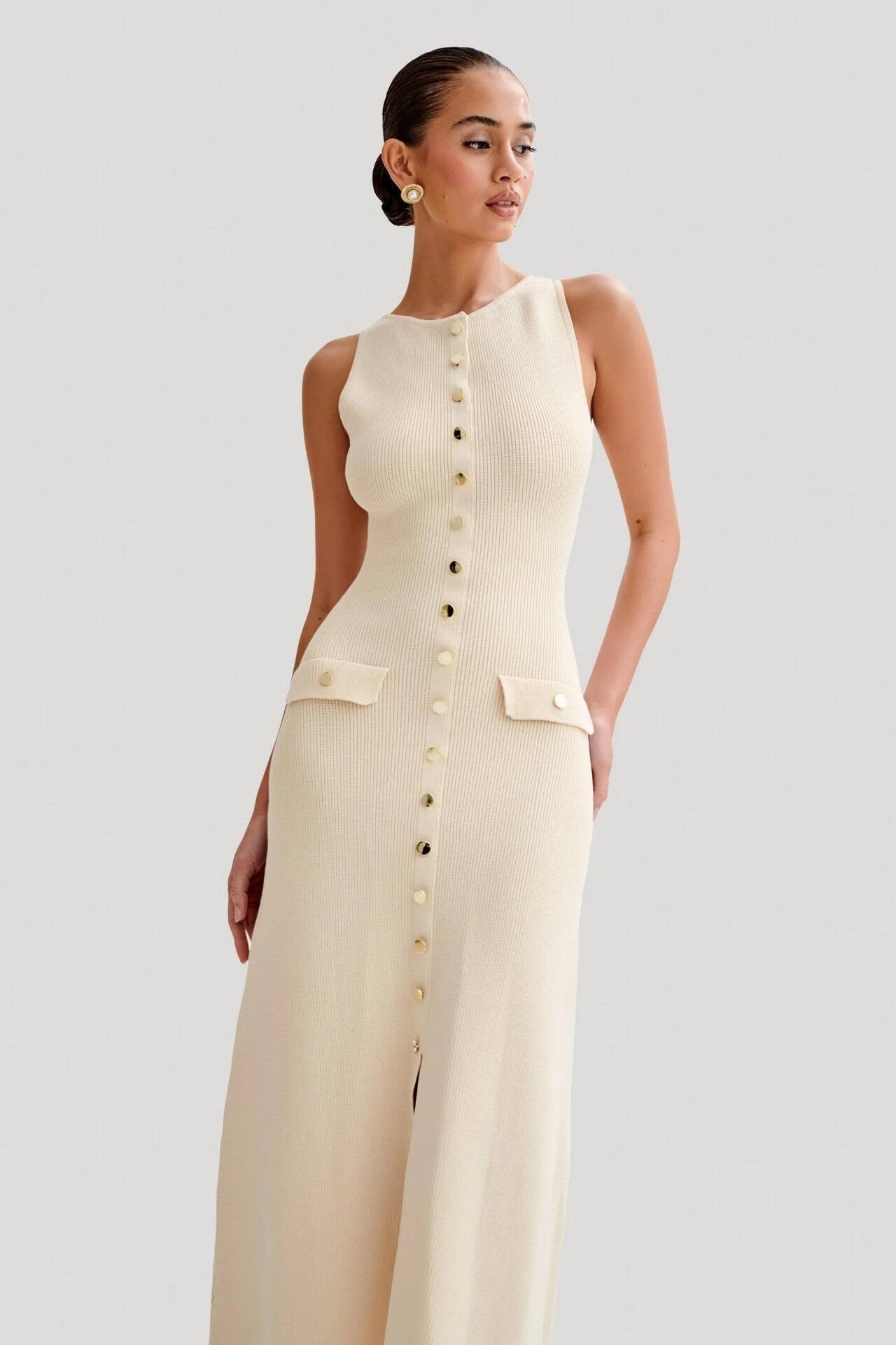 2024 Summer Elegant Lady Knitted Single Breasted Long Dresses Women Solid Sleeve